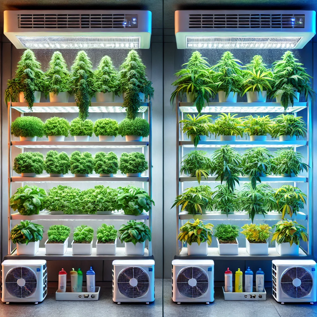 A side-by-side comparison of hydroponic plants grown in a controlled environment with air conditioning vs. plants grown without AC, showcasing differences in plant health and yield.