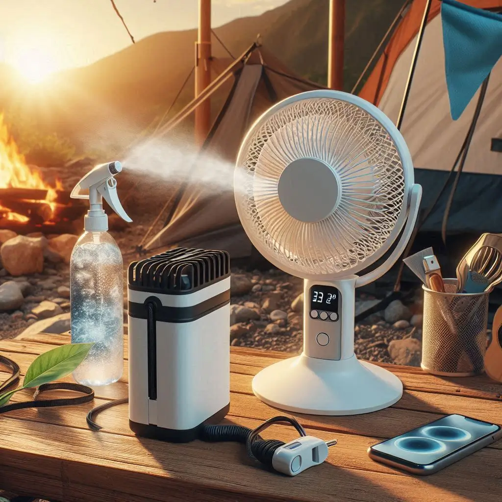 An image showcasing various personal cooling devices, such as a battery-operated fan and a portable misting system, in use at a campsite.