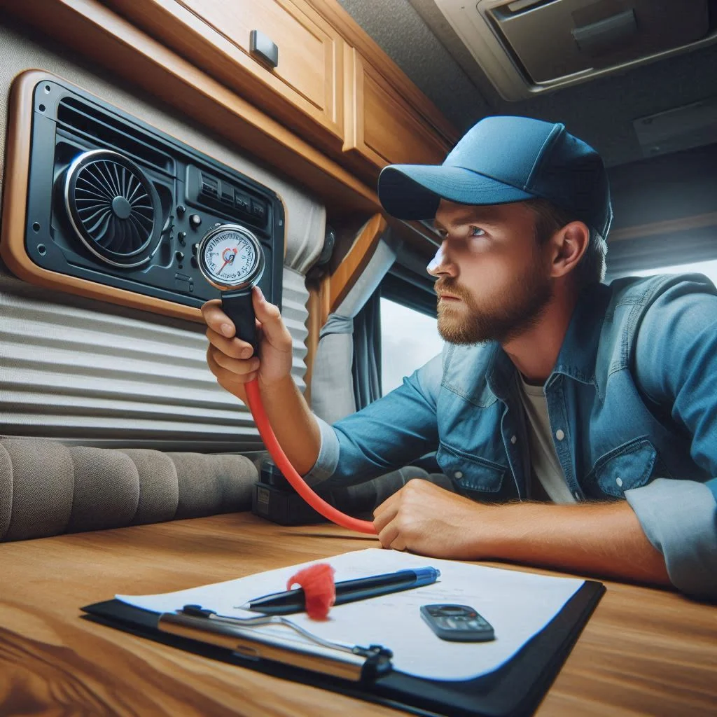 An image showing a technician checking the airflow from an RV air conditioner vent, emphasizing the importance of airflow assessment.