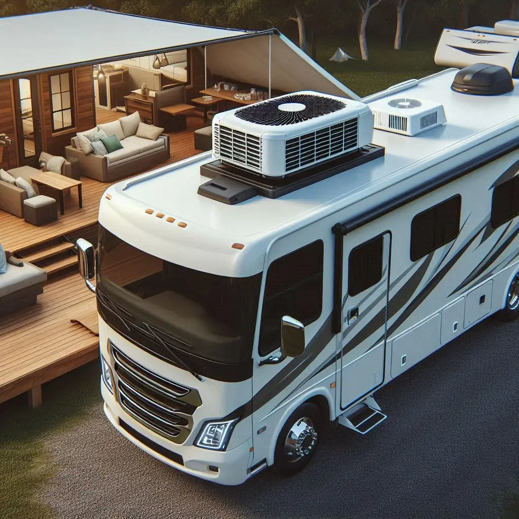 A modern RV parked in a campsite with a low-profile rooftop air conditioner installed. The image should highlight the sleek and compact design of the AC unit.