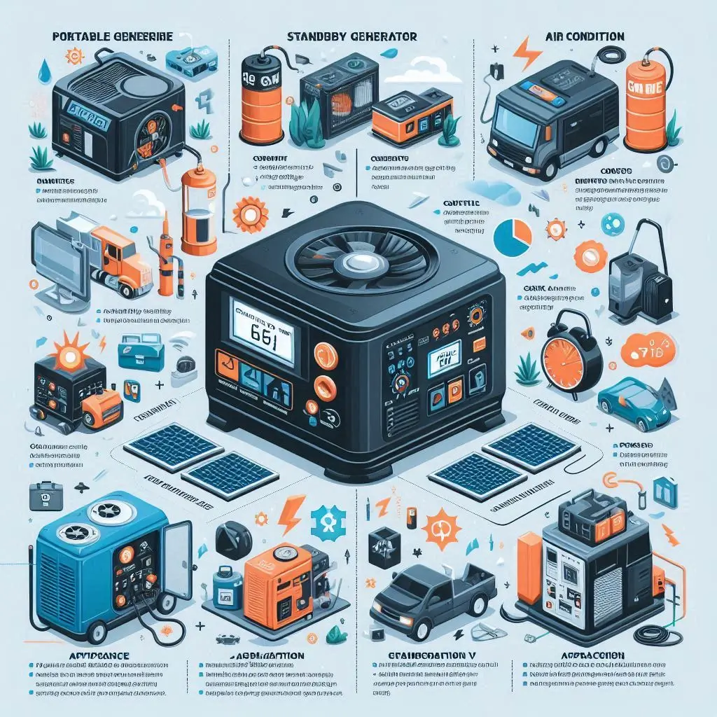 An infographic summarizing the pros and cons of portable vs. standby generators for air conditioning, highlighting their features, applications, and fuel types.