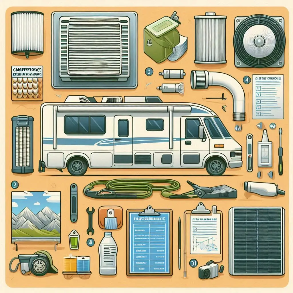 A visual checklist of preventative maintenance tips for RV air conditioners, including images of air filters, drain lines, and cleaning tools.