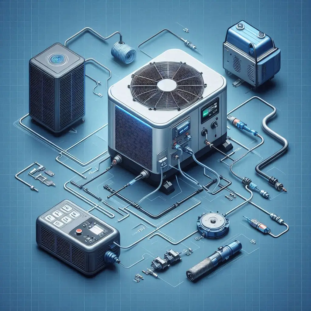 A visual representation of a generator connected to an air conditioning unit, showing the necessary power connections and safety precautions.