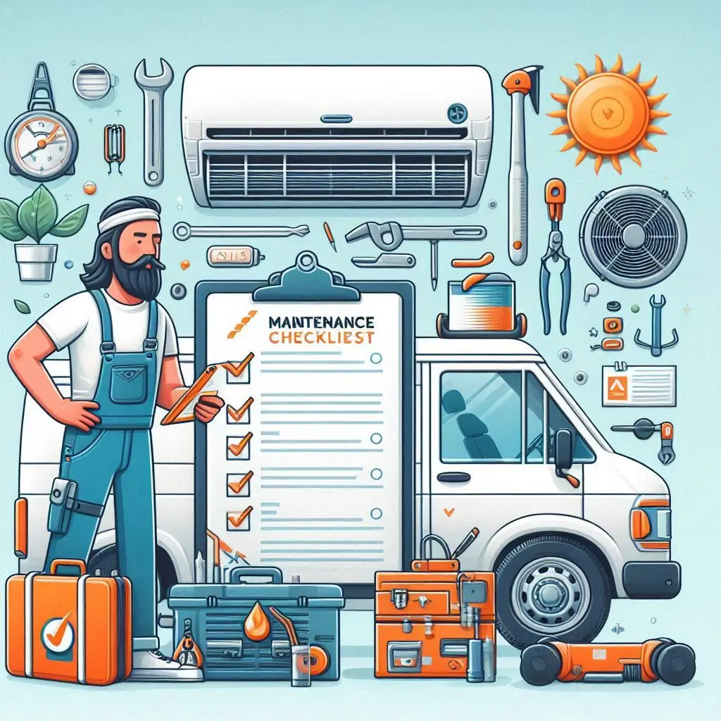 : "A maintenance checklist for van life air conditioners, featuring tasks like cleaning filters, checking coils, and scheduling inspections."