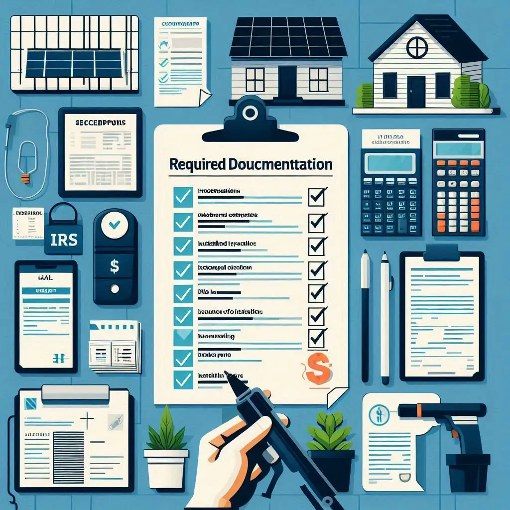 A visual checklist of required documentation for claiming tax credits, featuring images of receipts, installation invoices, and IRS Form 5695.