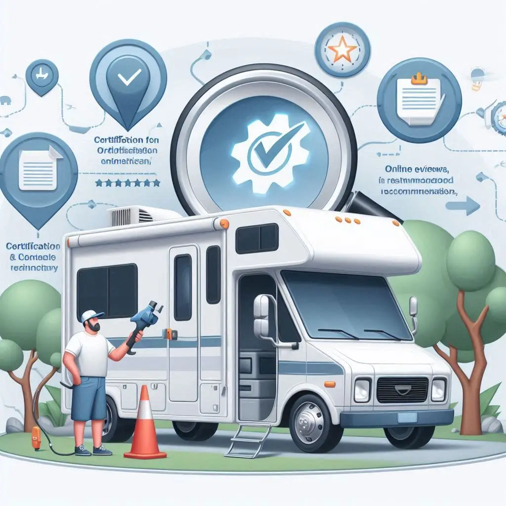 An image illustrating the process of finding a qualified RV air conditioner technician, including certification checks, online reviews, and asking for recommendations.