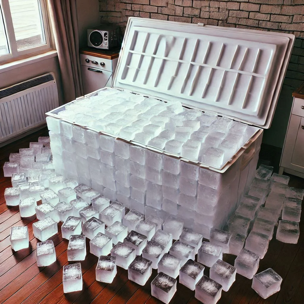 "An image showing large blocks of ice inside an ice chest, prepared for a DIY air conditioner setup."