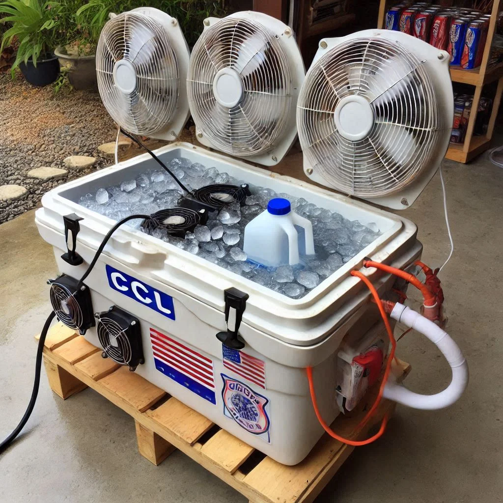 "An image of a customized DIY ice chest air conditioner with additional fans and a water pump system for increased cooling power."