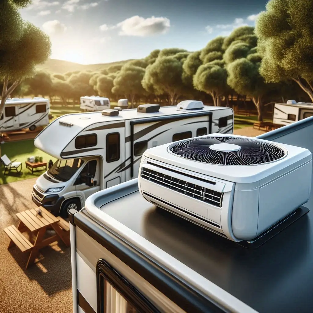 A modern RV parked in a scenic campground during the summer, with a compact rooftop air conditioner installed. The image should focus on the low-profile AC unit, showing how it seamlessly integrates with the RV roof without adding bulk.