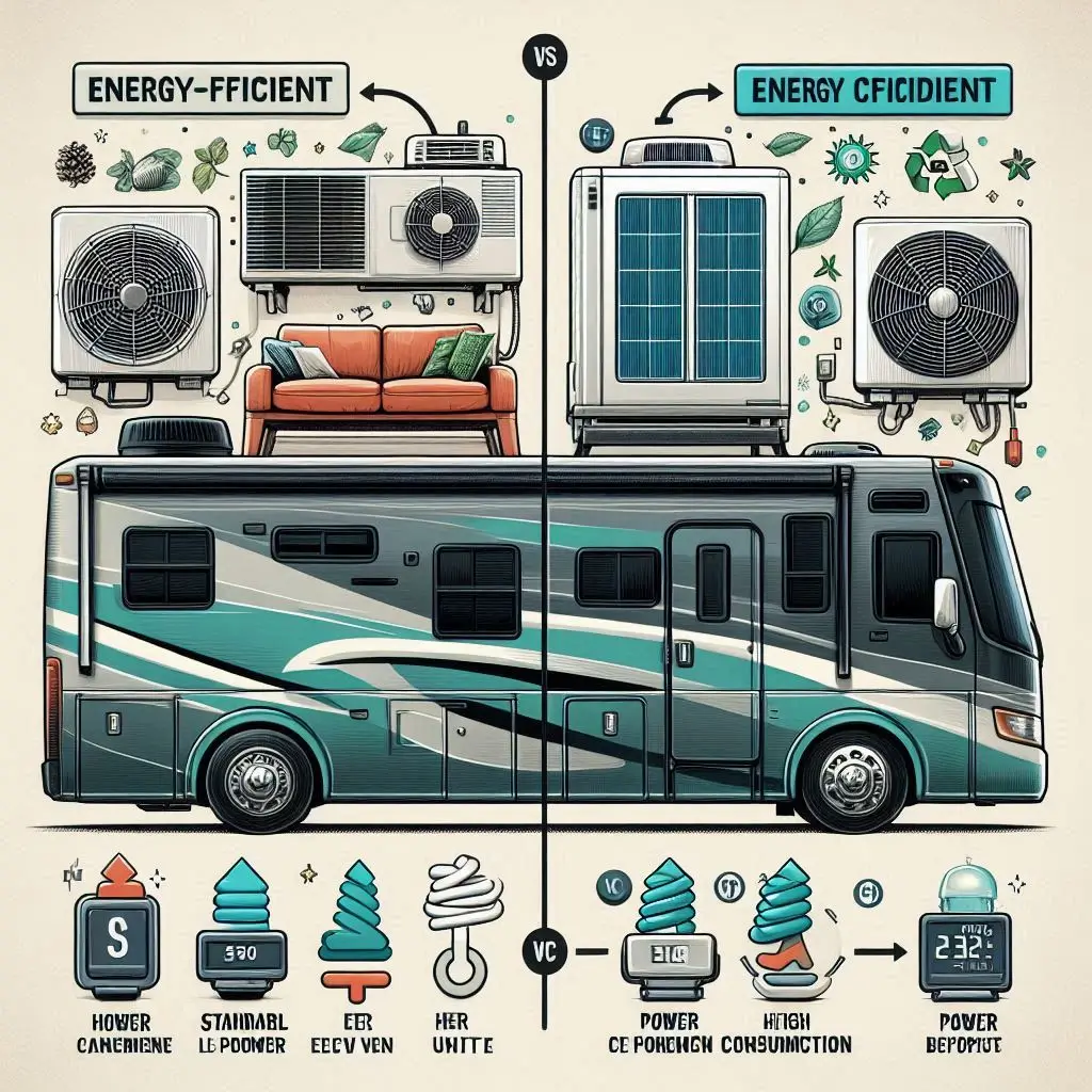 A side-by-side comparison image of two RV air conditioners, one labeled as energy-efficient with high EER and the other as a standard high-power unit, highlighting power consumption differences.