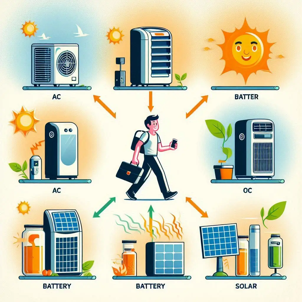 A visual comparing various power source options for portable air conditioners, including AC, battery, and solar power, illustrating their advantages and ideal usage scenarios.