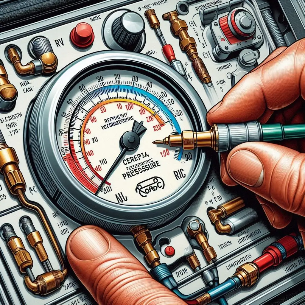 A detailed illustration of an RV AC refrigerant pressure gauge being used to check levels, with labels highlighting the correct pressure range.