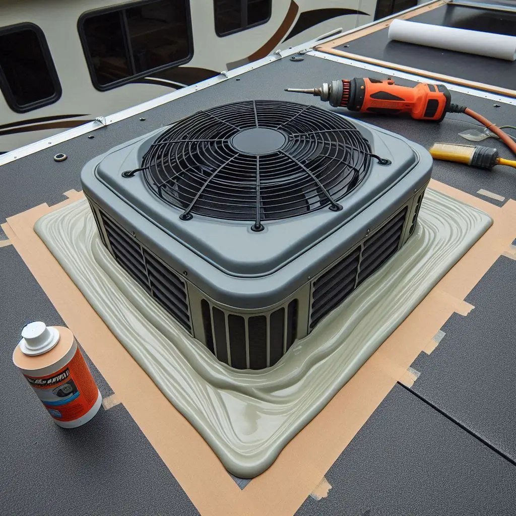 An image showing the completed installation of a rooftop air conditioner on an RV, focusing on the sealant application around the edges, demonstrating a professional finish.