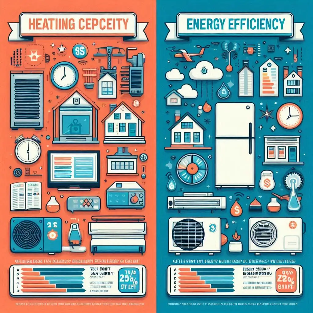 A dual infographic displaying potential tax credits for both heating and cooling systems, including examples of qualifying products and energy efficiency ratings.