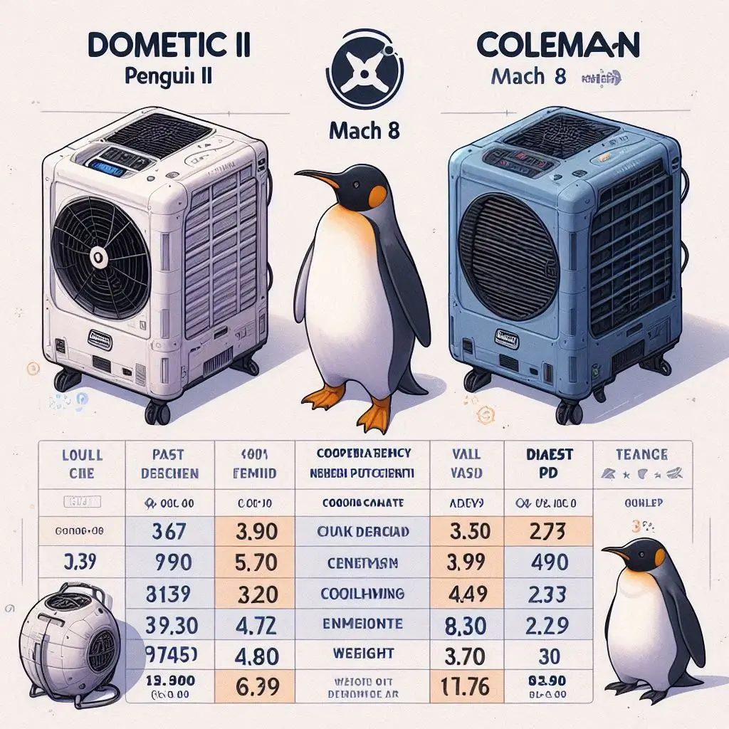 A comparison table displaying the specifications of the Dometic Penguin II, Coleman Mach 8, and Advent Air models, highlighting their cooling capacities, weights, energy efficiency ratings, and noise levels.