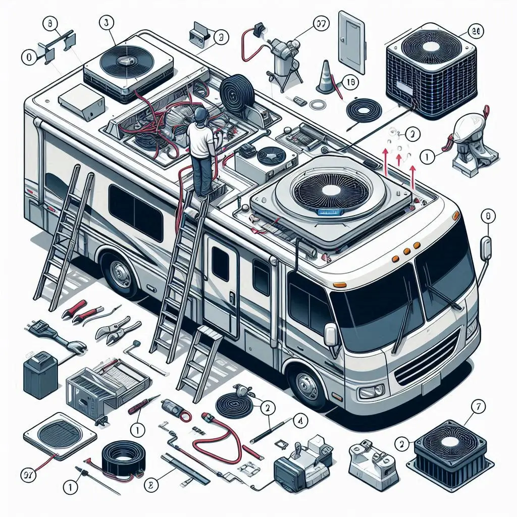 A step-by-step visual guide illustrating the installation of a rooftop RV AC unit, showing key components like mounting brackets, wiring, and vent sealing.