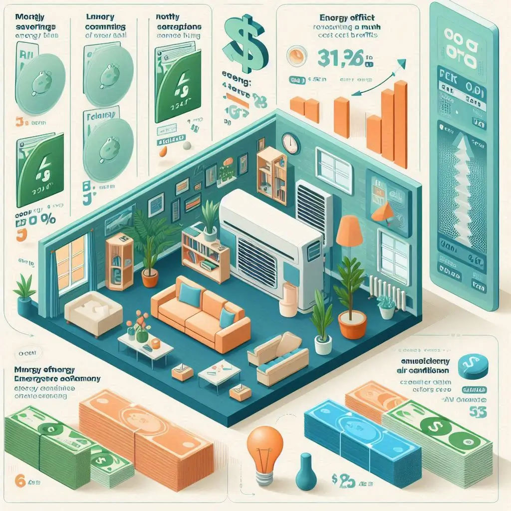 An infographic illustrating the potential savings from upgrading to an energy-efficient air conditioner, including monthly energy bill comparisons and long-term cost benefits.