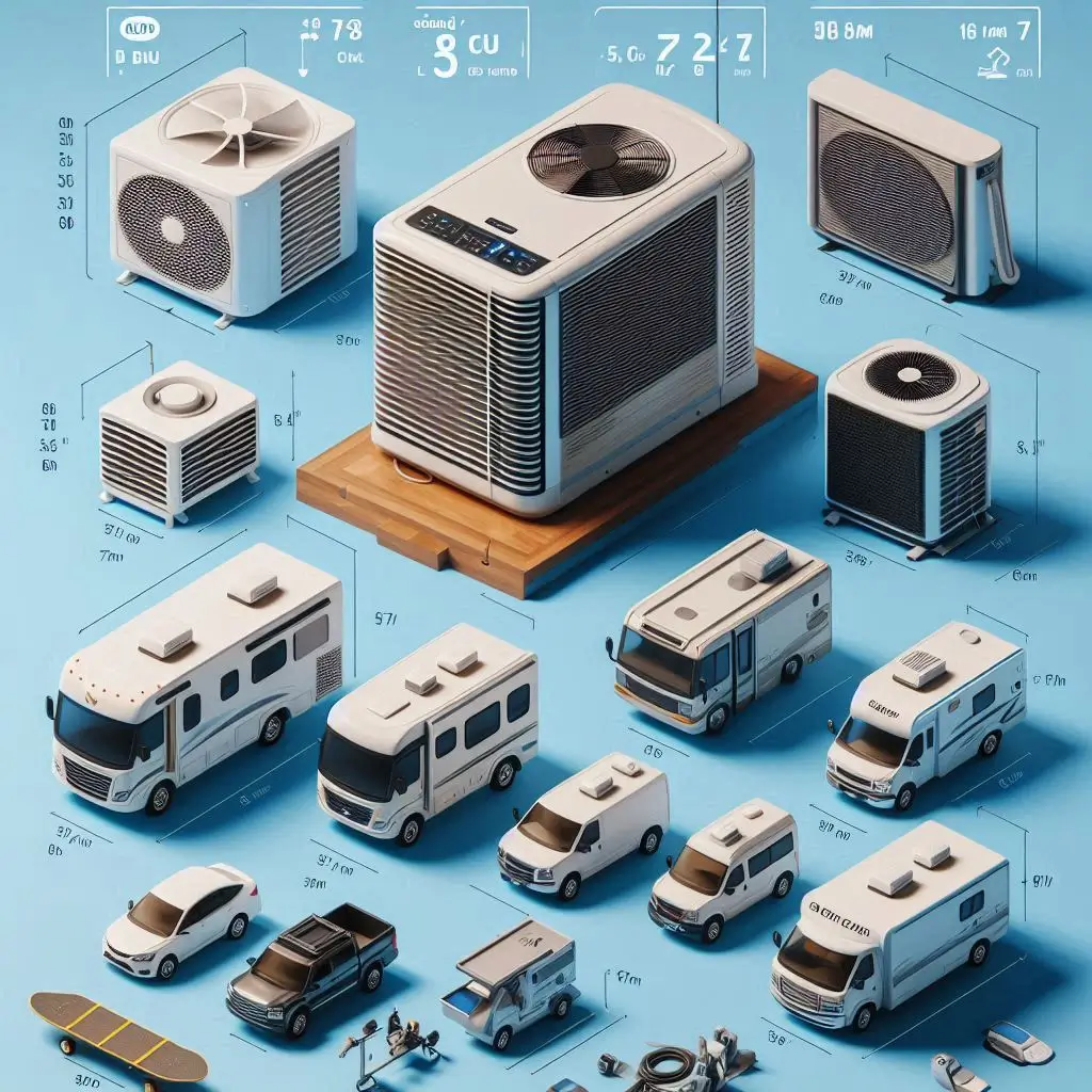 A comparison table showcasing top small RV AC brands, listing their BTU rating, dimensions, and key features.