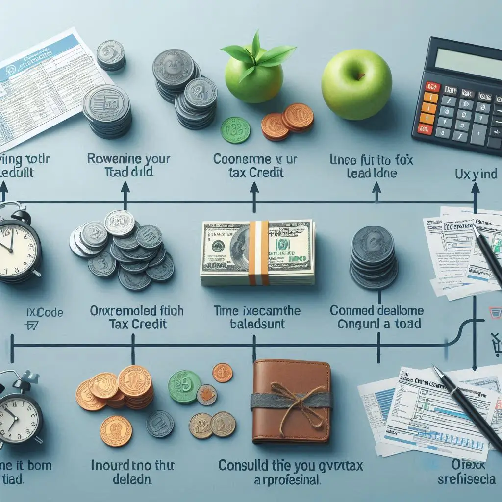 A visual timeline indicating key deadlines for tax credits, along with tips on what to do if you miss a deadline, such as consulting a tax professional.