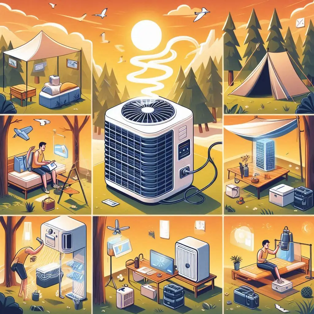 A step-by-step visual guide showing the setup process of a portable air conditioner in a camping environment.
