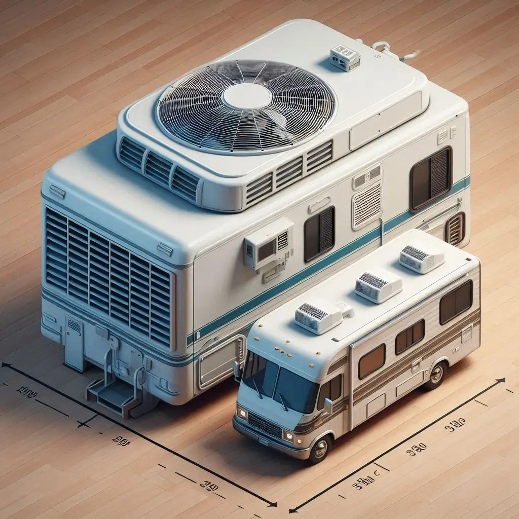 A side-by-side comparison image showing a small rooftop RV air conditioner next to a larger, traditional model, highlighting the space-saving design and footprint of the compact unit.