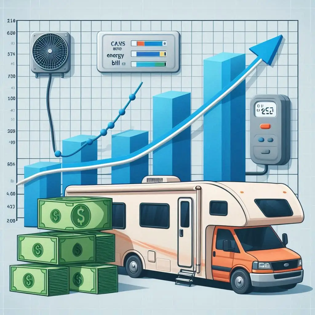 A graph showing the correlation between RV air conditioner maintenance and energy bill fluctuations, emphasizing increased costs due to inefficiency.