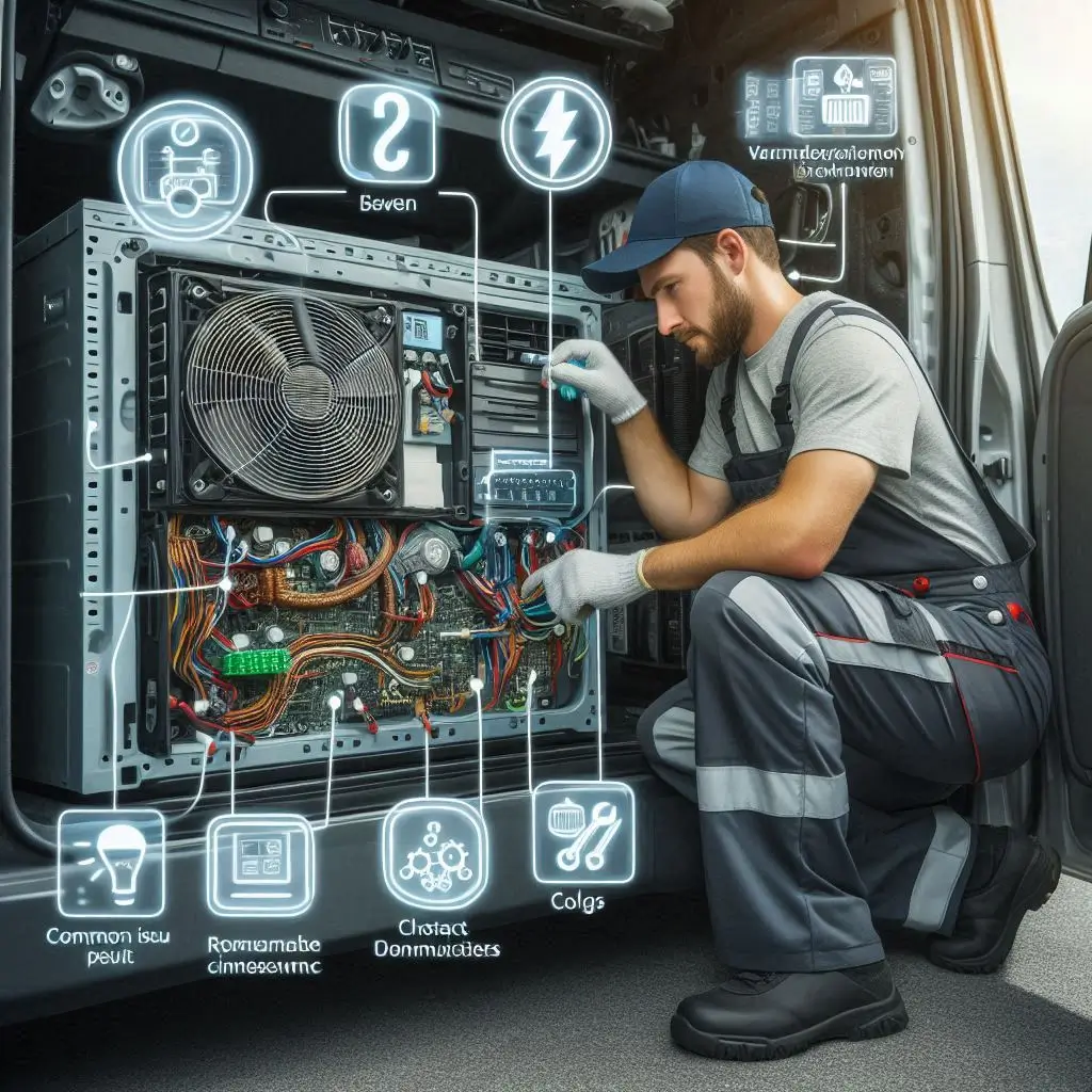 "A technician troubleshooting a van air conditioning unit, with visible common issues highlighted, such as checking power sources and inspecting for clogs."