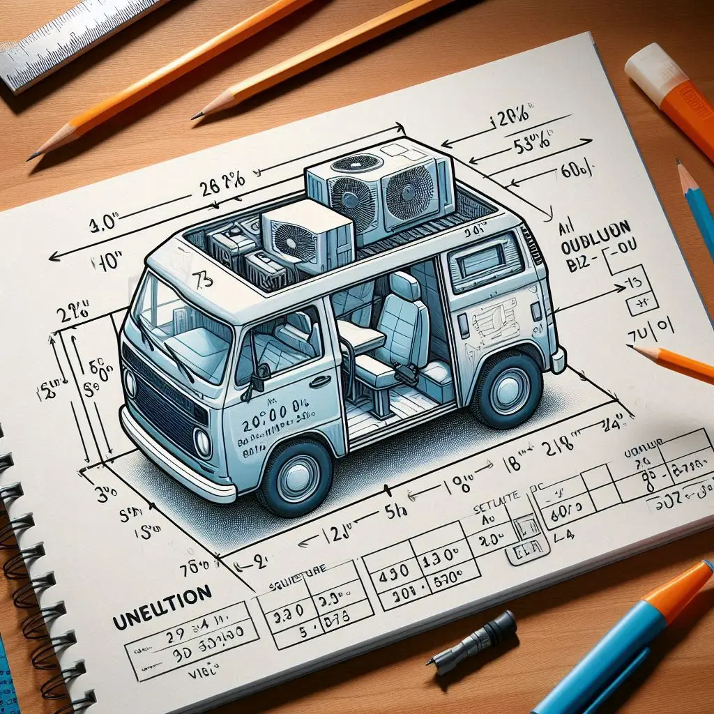 "A visual representation of BTU calculations for an air conditioner, with a chart showing square footage, insulation quality, and number of occupants, illustrating how to determine the right size for van life."