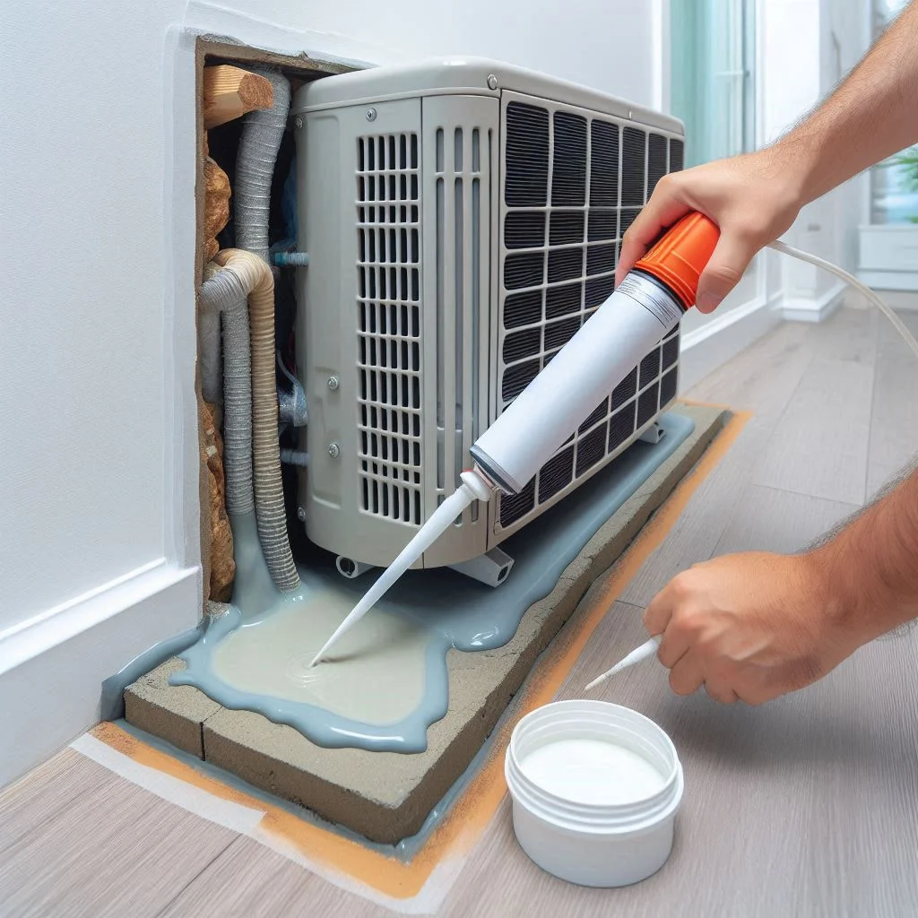 An image demonstrating the sealing process around the base of the new air conditioner with sealant, showcasing a clean and thorough job.