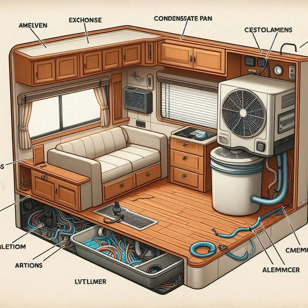 An image illustrating the location of the condensate pan in an RV air conditioning unit, with annotations highlighting areas to check for clogs and damage.