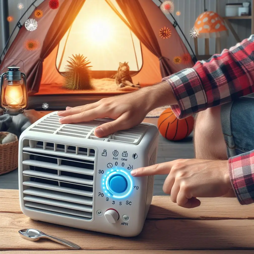 An image of a camper adjusting the temperature settings on a portable air conditioner, demonstrating how to set and maintain comfortable temperatures.