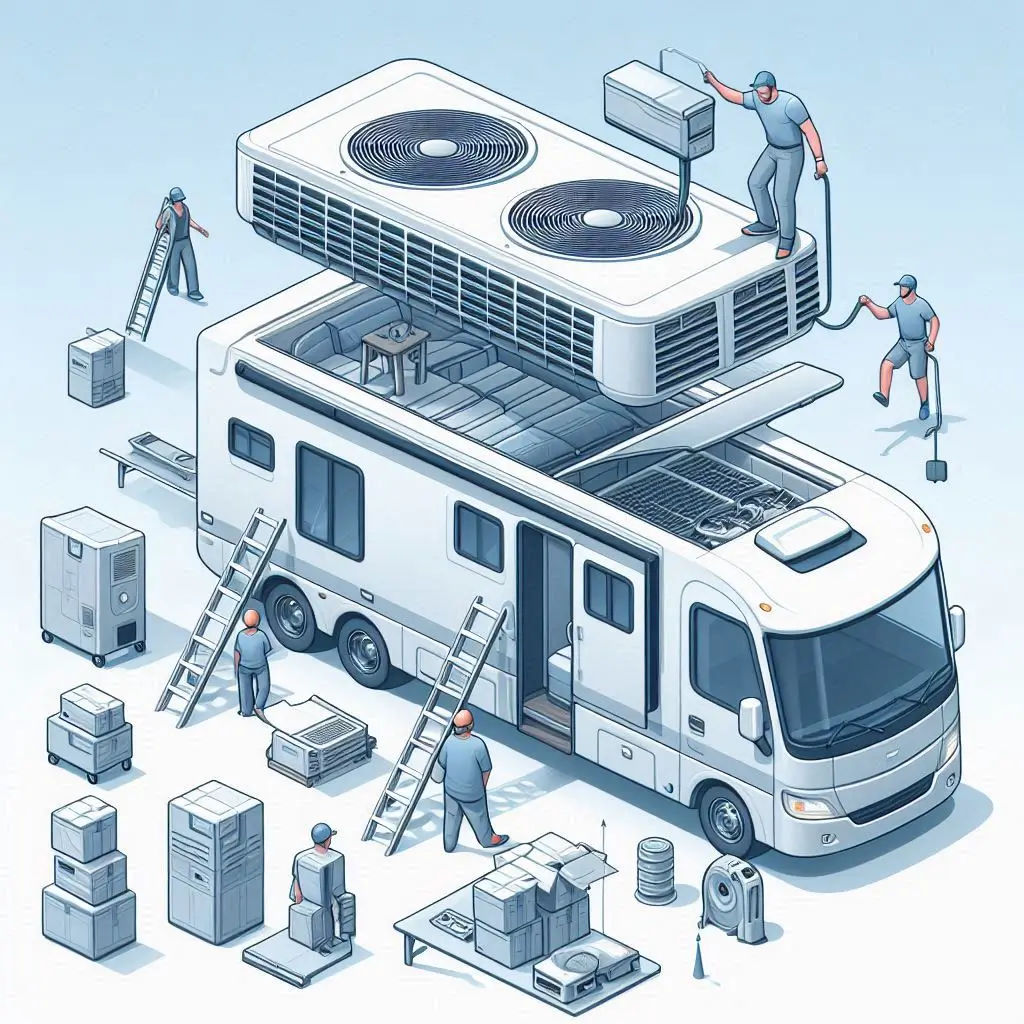 A visual guide depicting the installation process of a lightweight rooftop RV air conditioner, showcasing the ease of handling and transport associated with smaller units.