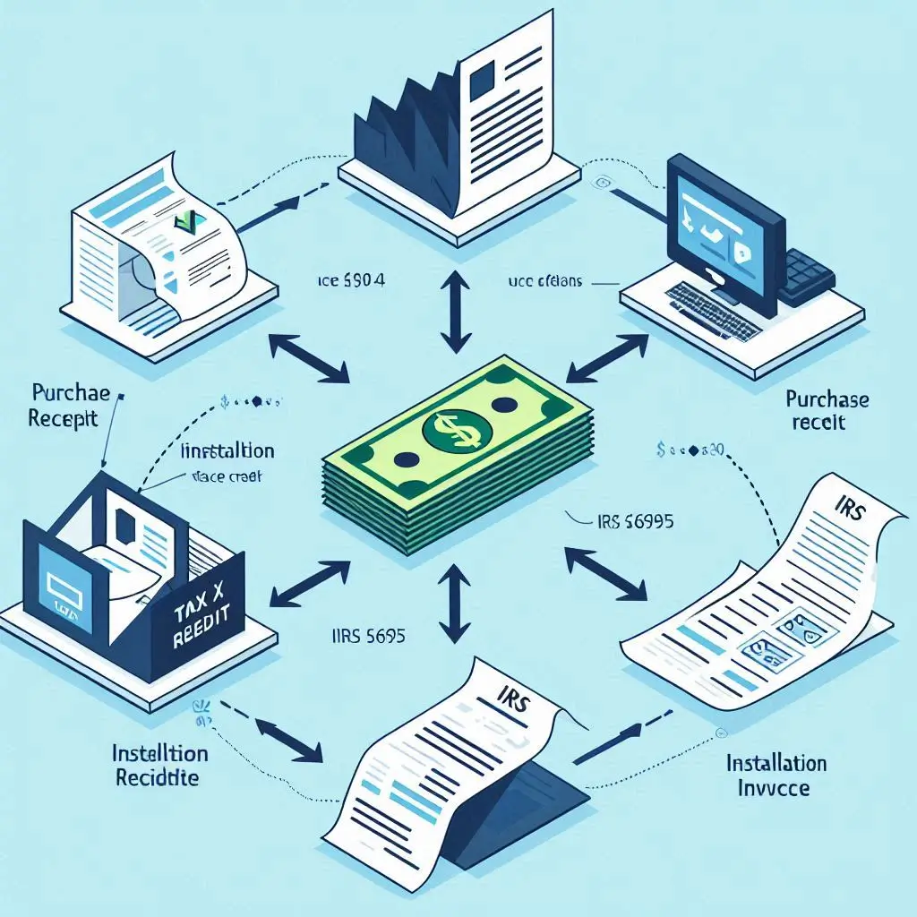 A diagram showing the relationship between different documents needed to claim a tax credit, with arrows connecting the purchase receipt, installation invoice, and IRS Form 5695.