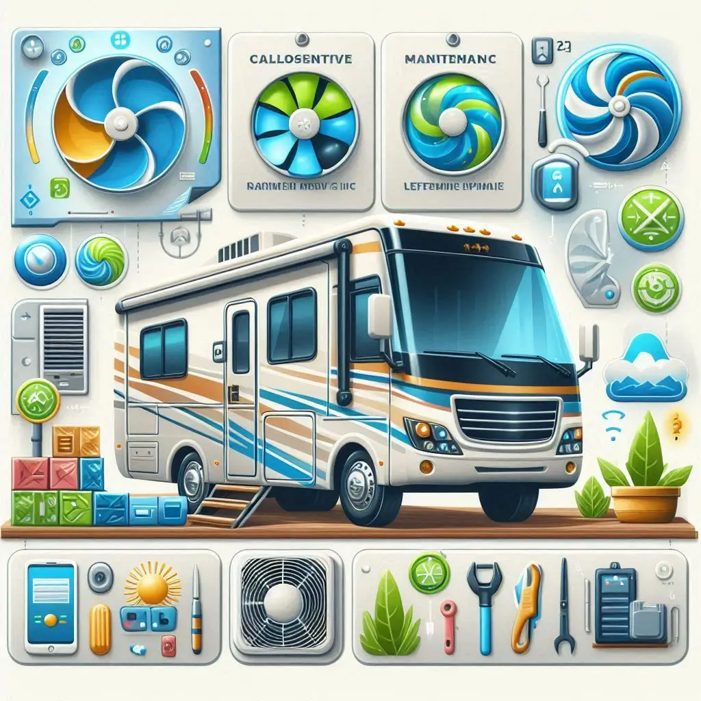 A visual guide showing tips for improving RV air conditioner efficiency, including images of reflective materials, maintenance tasks, and airflow optimization techniques.