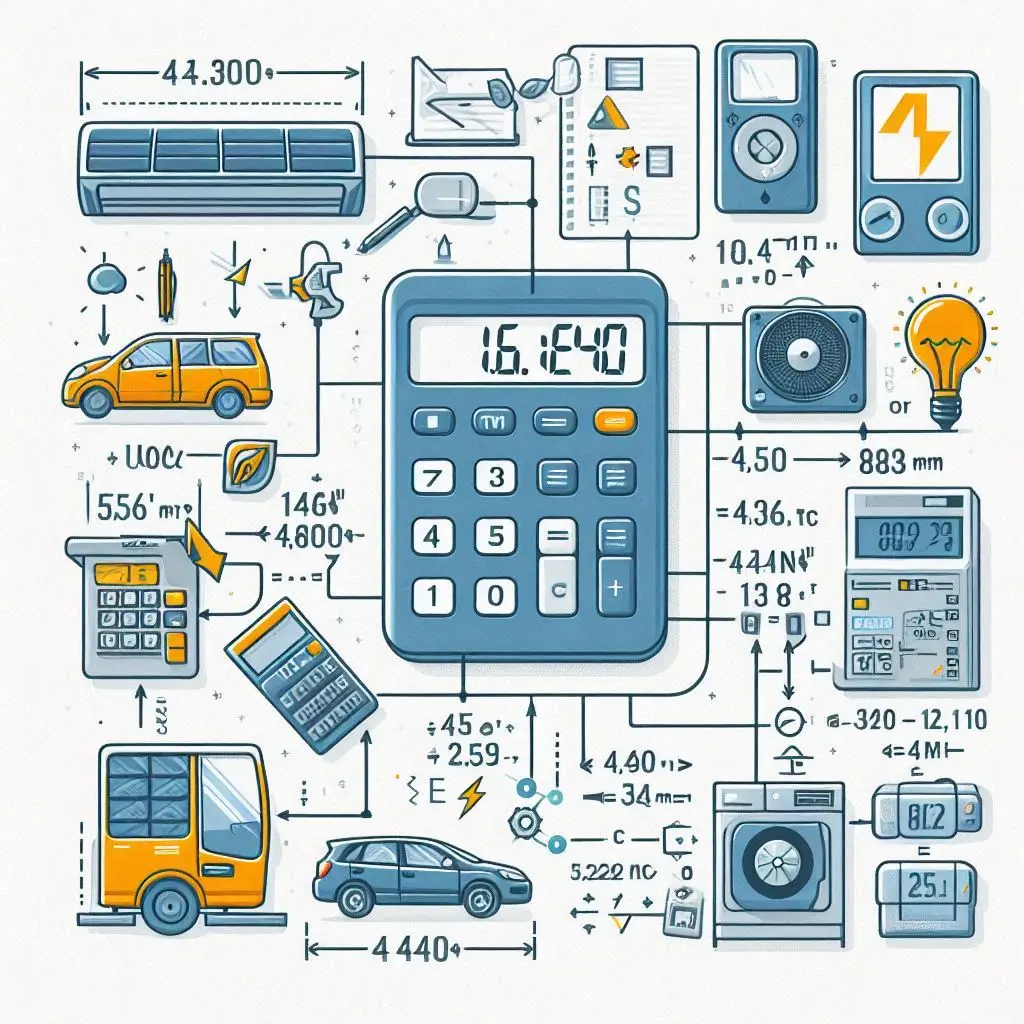 A diagram displaying a step-by-step guide on calculating total wattage requirements for an air conditioning unit and other appliances.