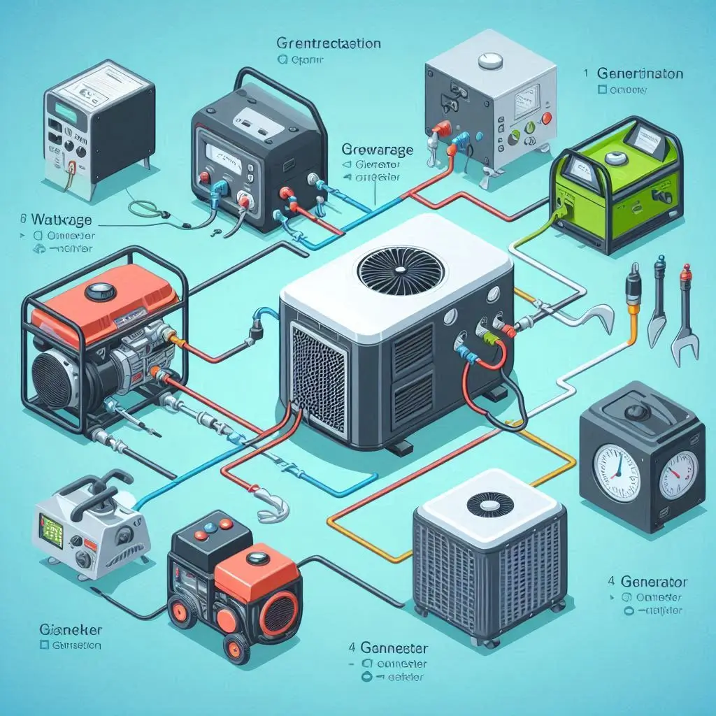 A diagram illustrating the connection of an air conditioner to a generator, showing wattage requirements and types of generators suitable for different AC units.