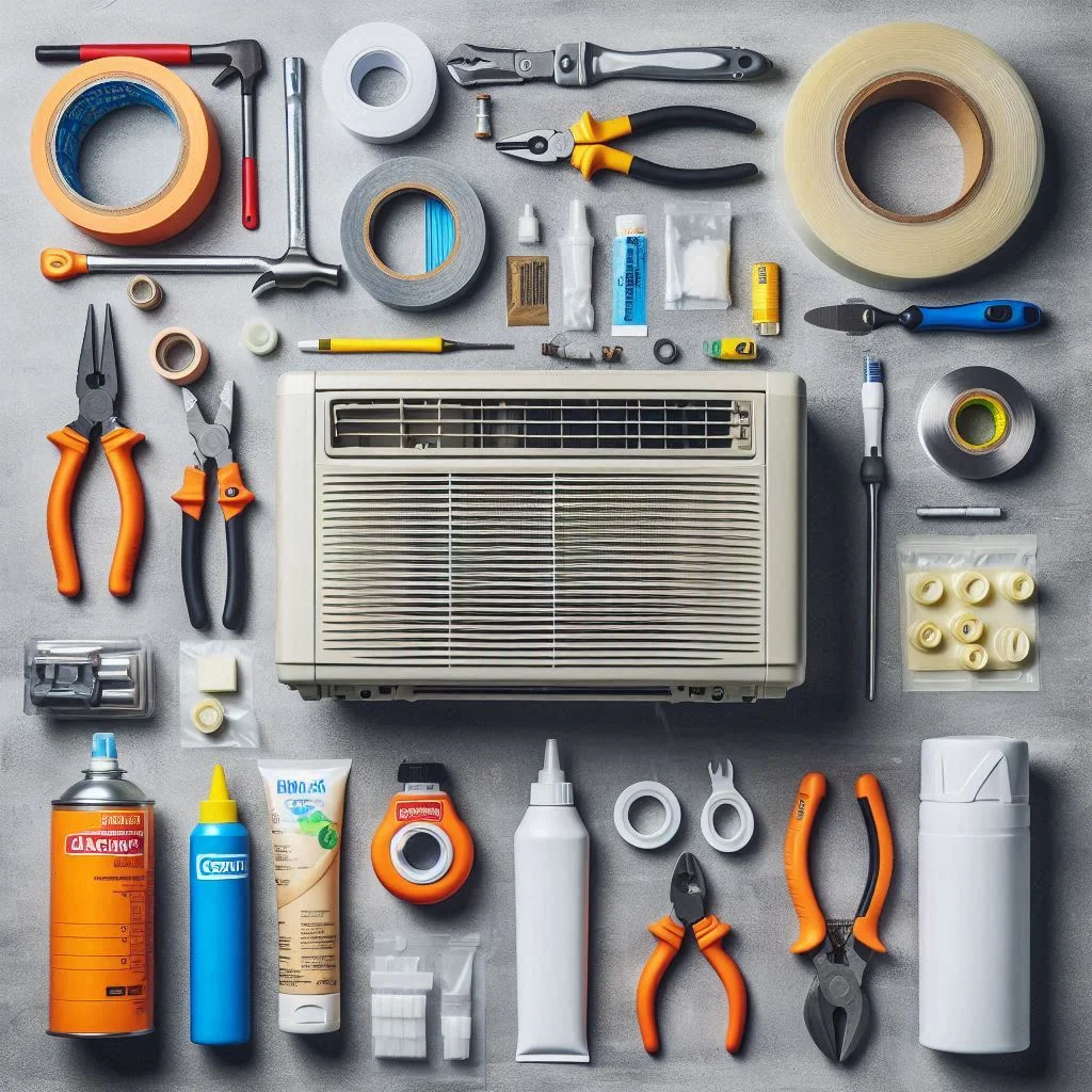 A flat lay image showing all the tools and materials needed for RV air conditioner installation, including tools, sealant, and insulation tape.