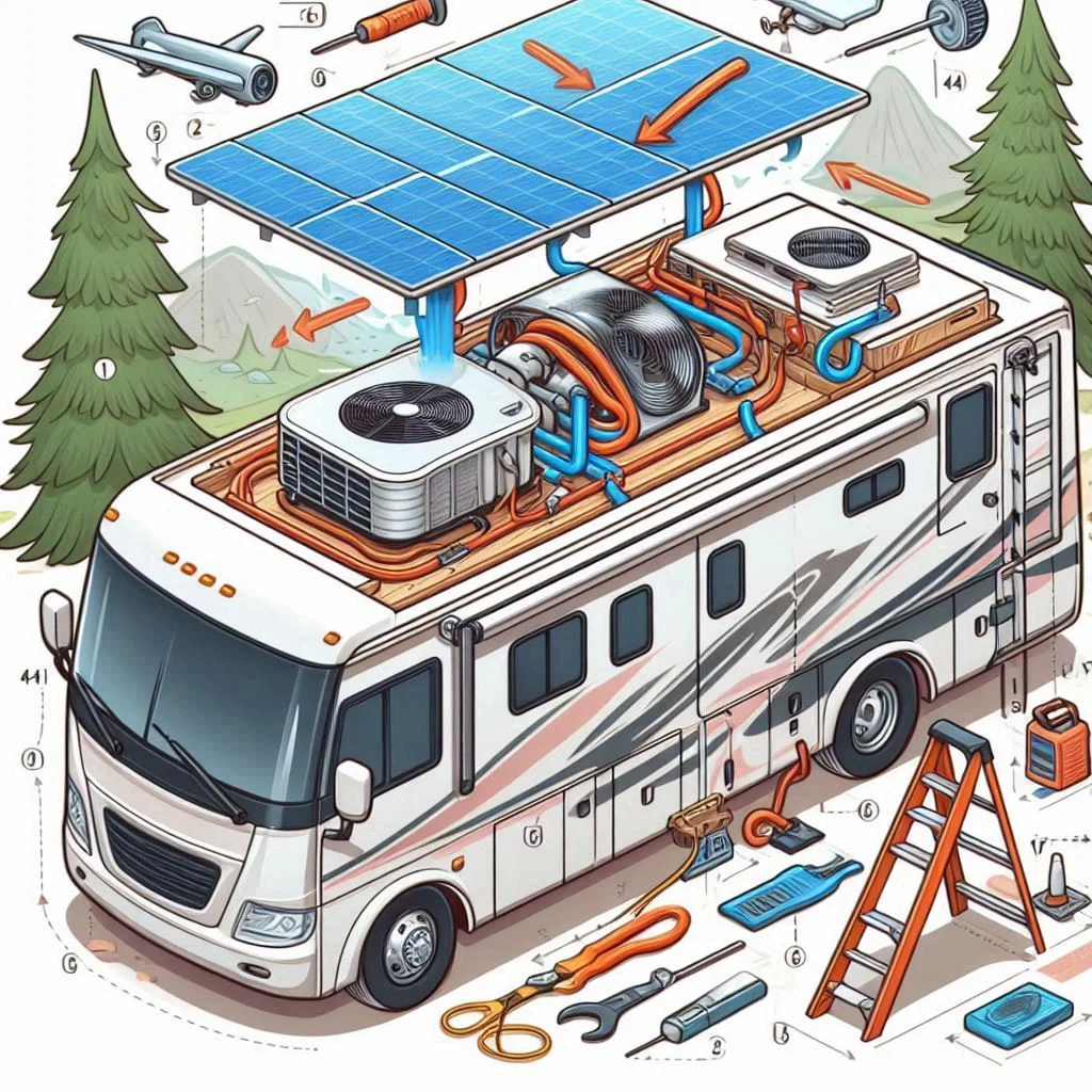 A diagram showing the installation of a roof-mounted RV air conditioner on an RV.