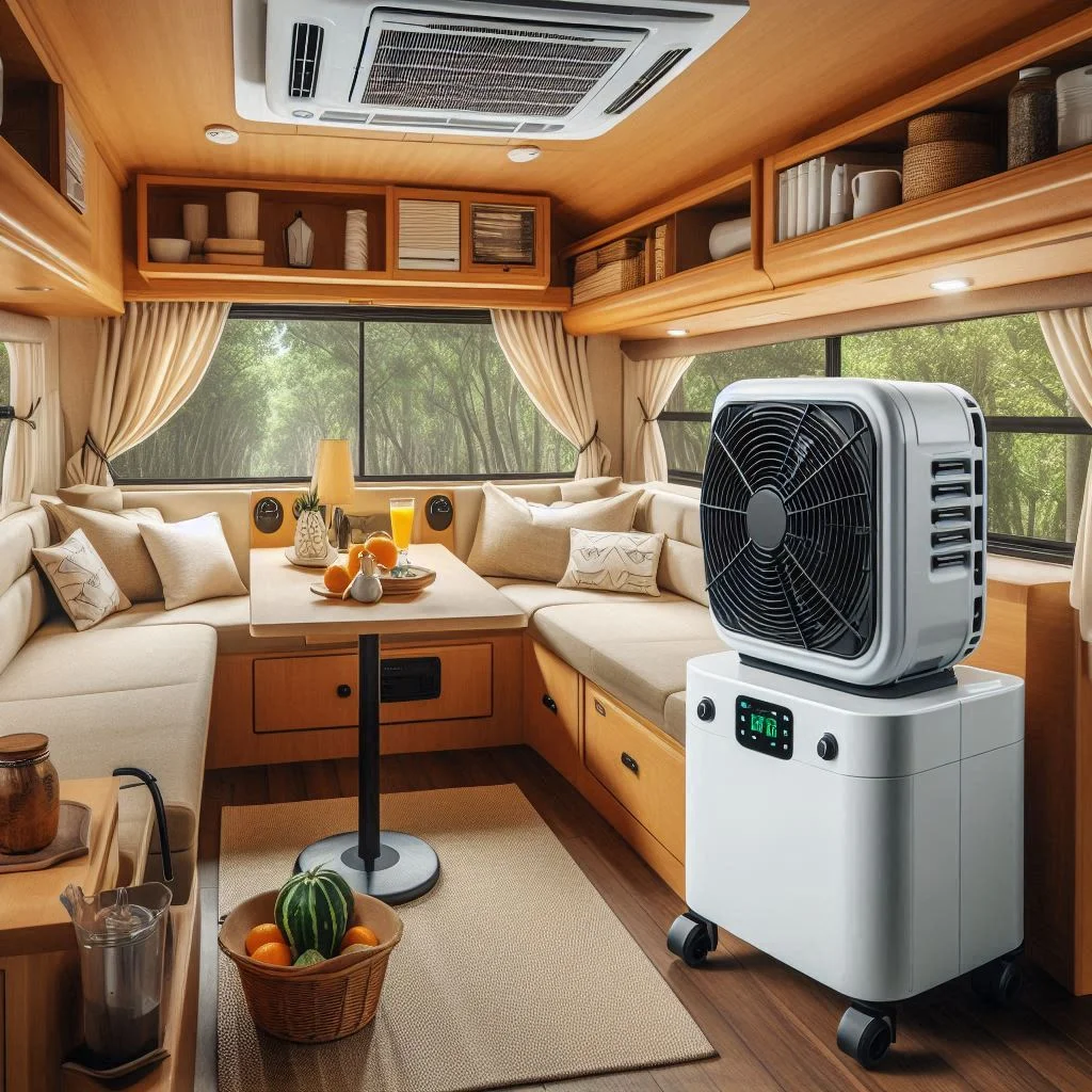 An image of a portable RV air conditioner set up inside an RV, demonstrating its ease of use.