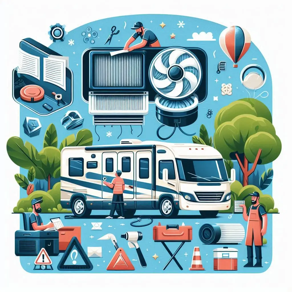 An illustration depicting essential maintenance tasks for an RV air conditioner, including cleaning filters, inspecting coils, and checking seals.