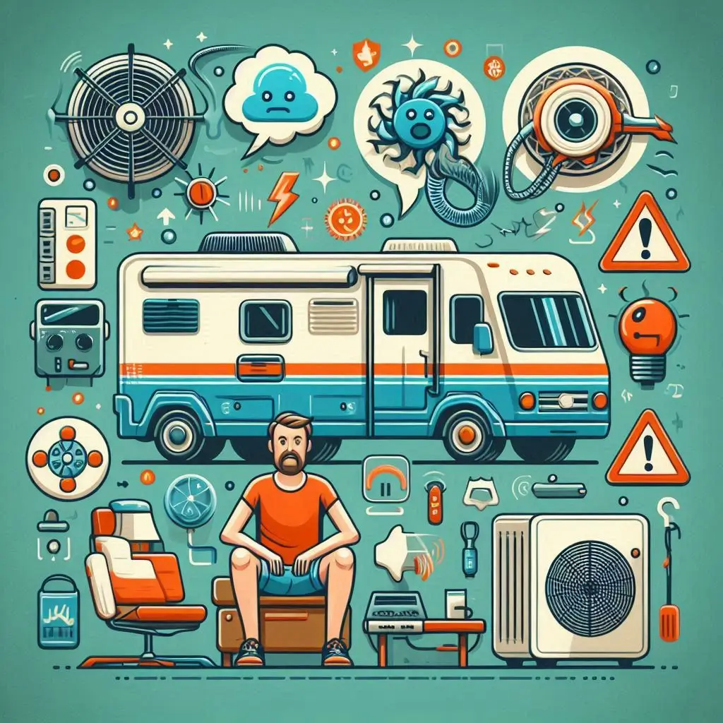 A visual showing common signs of serious RV air conditioner problems, including unusual noises, weak airflow, and system shutdown.