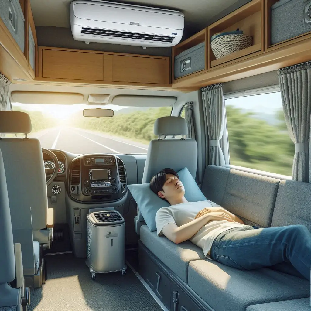 "A peaceful van interior with a person sleeping comfortably, showcasing the benefits of an air conditioner for enhanced sleep quality."