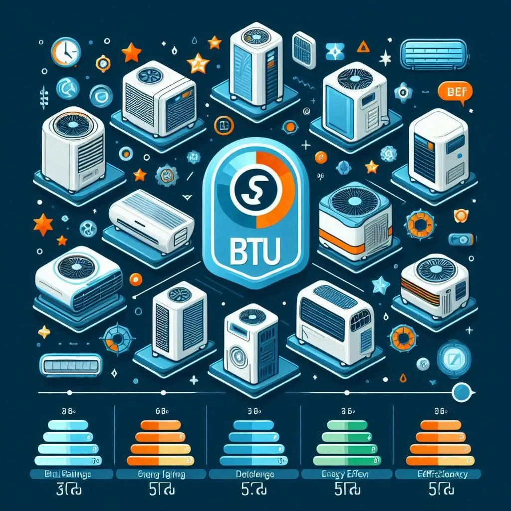 An infographic displaying BTU ratings and energy efficiency levels for different portable air conditioner models, helping consumers understand their options.
