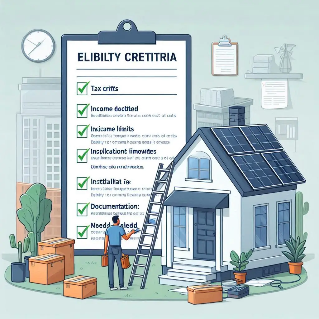 A checklist image showing eligibility criteria for tax credits, including income limits, installation requirements, and documentation needed.