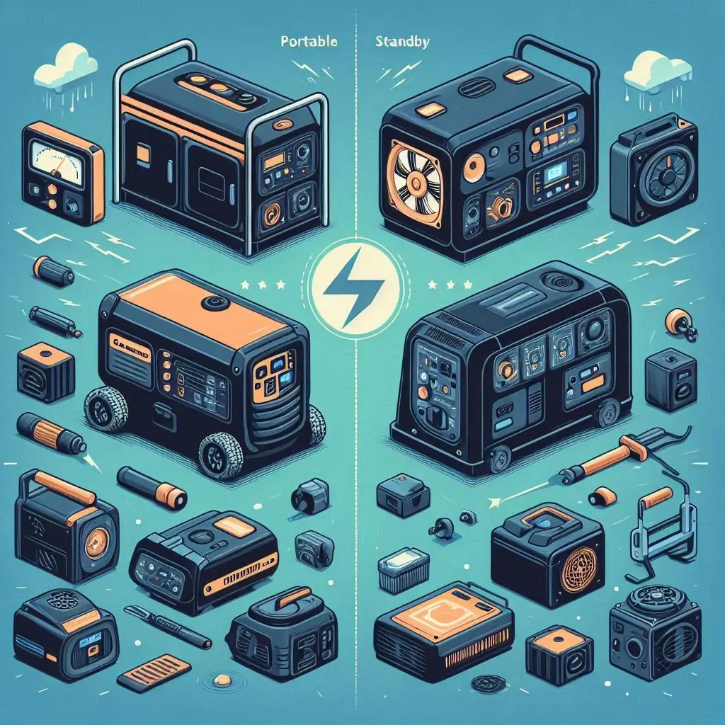 A side-by-side comparison of portable and standby generators, highlighting key features, pros, and cons of each type.