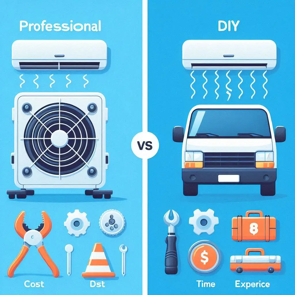 "A comparison graphic showing the pros and cons of professional vs. DIY installation of an air conditioner in a van, highlighting factors such as cost, expertise, and time efficiency."