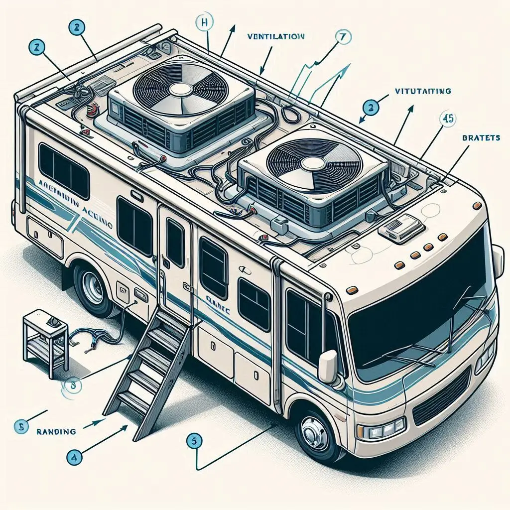 An illustration of an RV roof installation process, showing how a low-profile rooftop AC is securely mounted, with labels for ventilation, wiring, and mounting brackets.