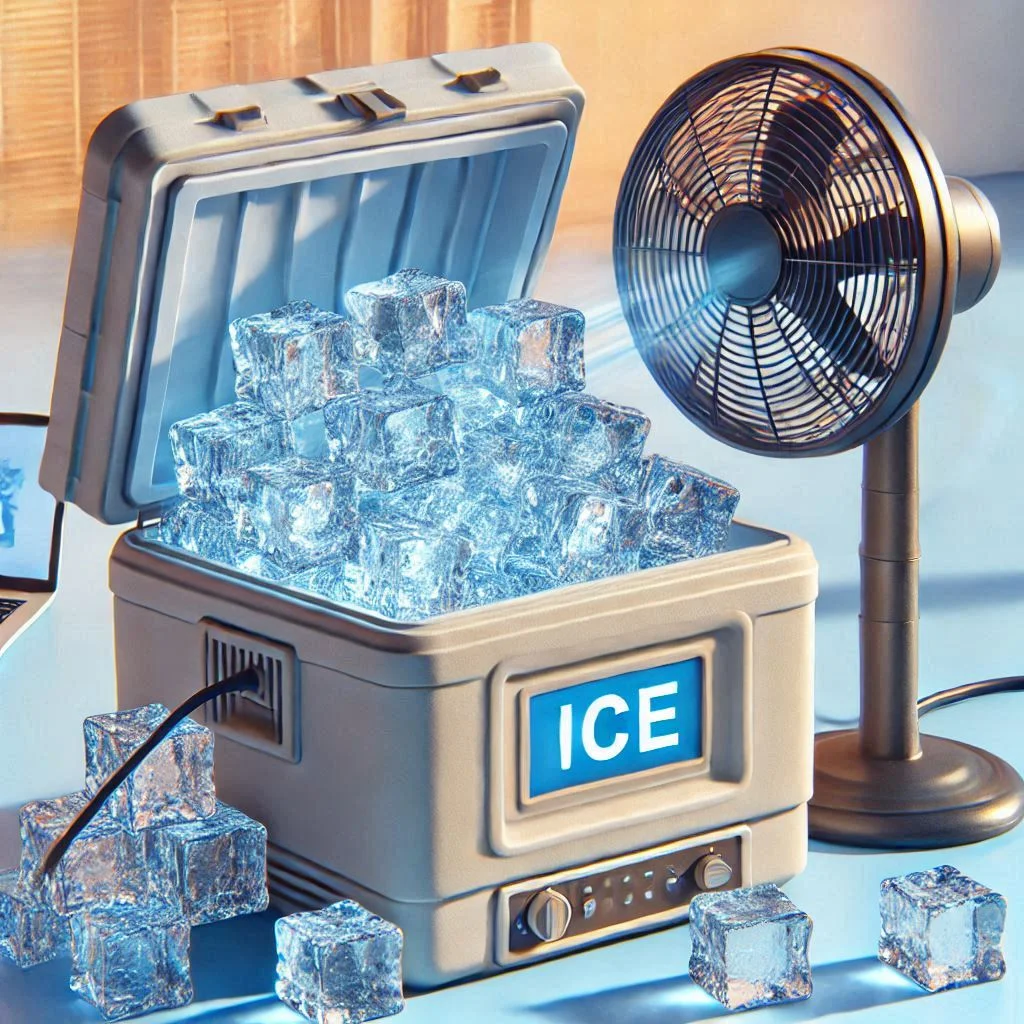 "An image showing an ice chest air conditioner with ice blocks inside, and a fan blowing cool air into the room."