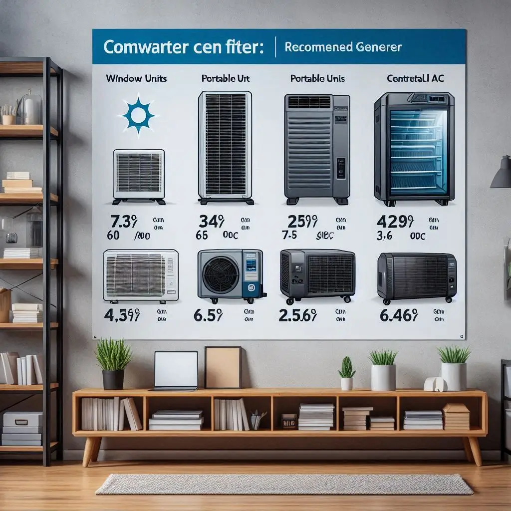 A comparison chart displaying the wattage requirements for different types of air conditioners (window units, portable units, and central AC) alongside recommended generator sizes.