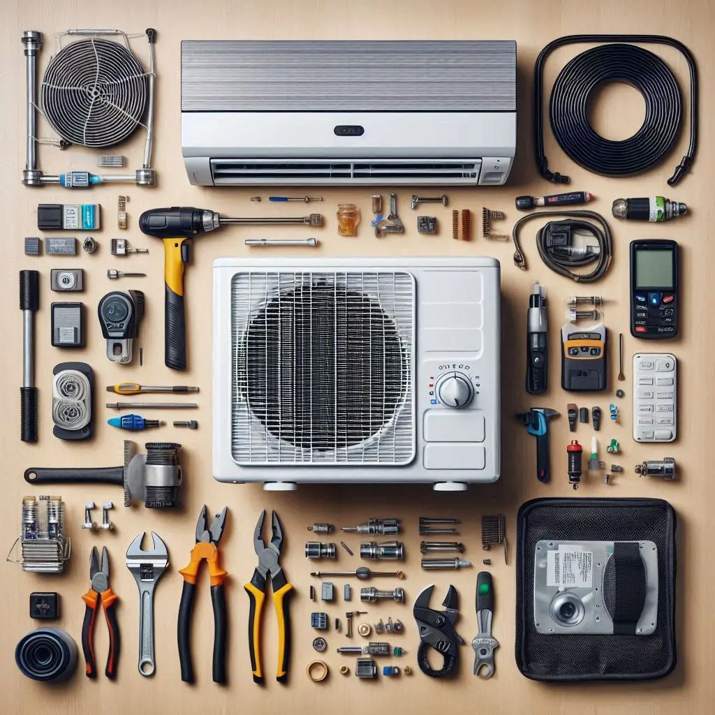 A detailed flat-lay image of all necessary tools and equipment for installing a small RV air conditioner, labeled clearly for easy identification.